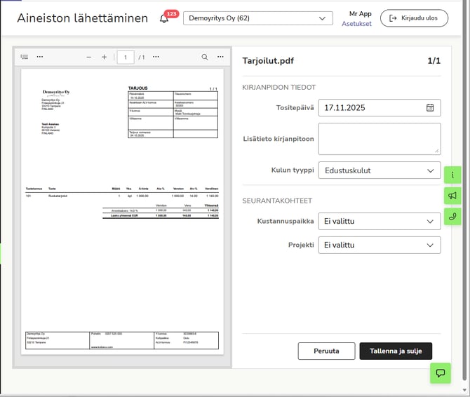 FI Aineiston lähettäminen - Lähetä aineistoa kirjanpitoon - Pakolliset tiedot