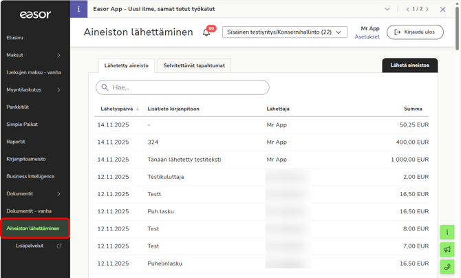 Easor App - Aineiston lähettäminen - Lähetetty aineisto