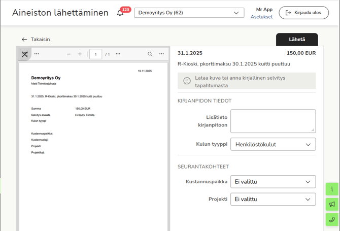 FI Aineiston lähettäminen - Selvitettävät tapahtumat - Lisää tiedosto - Tositteen tiedot