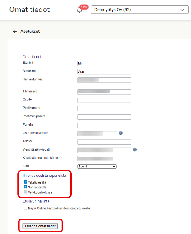 FI Asetukset - Omat tiedot - Ilmoitus uusista raporteista