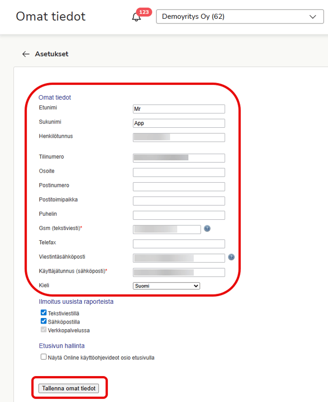 FI Asetukset - Omat tiedot - Omat tiedot kehys-1