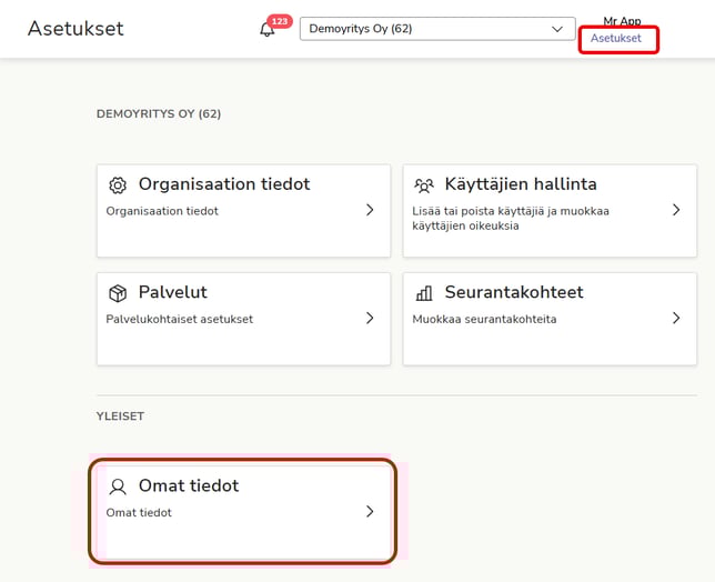 FI Asetukset - Omat tiedot kehys