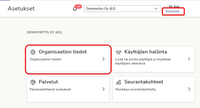 Asetukset-päänäkymä, jossa korostettuna Organisaation tiedot