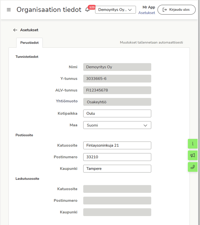 Asetukset - Organisaation tiedot