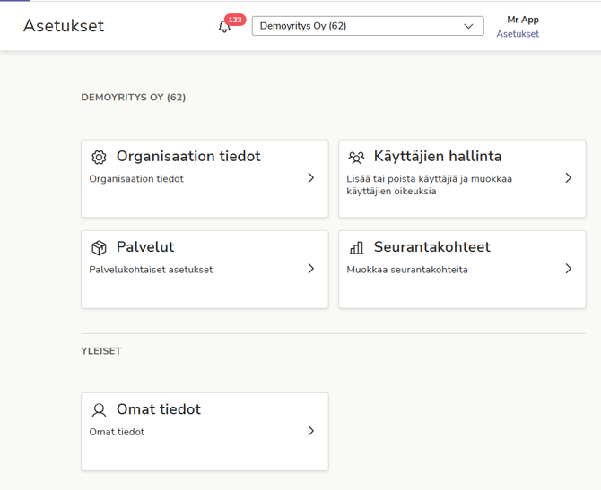 Easor App -sovelluksen Asetukset-päänäkymä