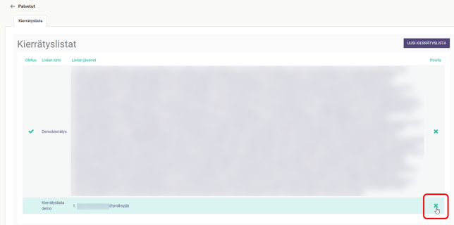 FI Asetukset - Palvelut - Maksut - Kierrätyslistat - Poista kierrätyslista