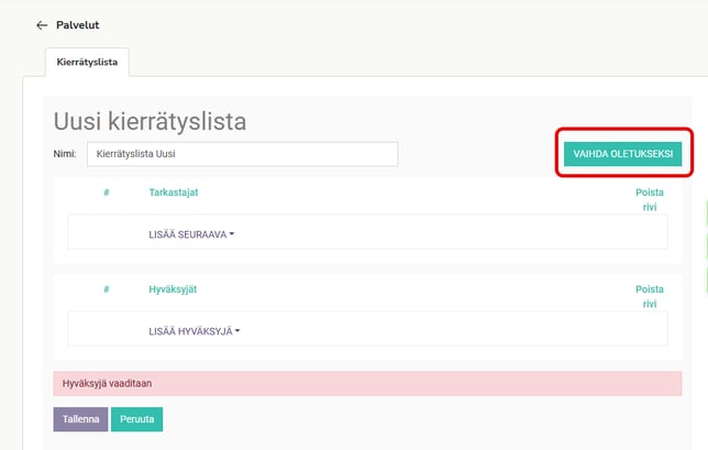 FI Asetukset - Palvelut - Maksut - Uusi kierrätyslista - Aseta oletukseksi