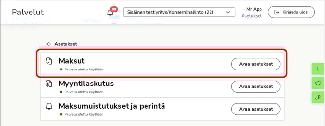 FI Asetukset - Palvelut päänäkymä - Maksut