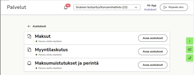 FI Asetukset - Palvelut päänäkymä