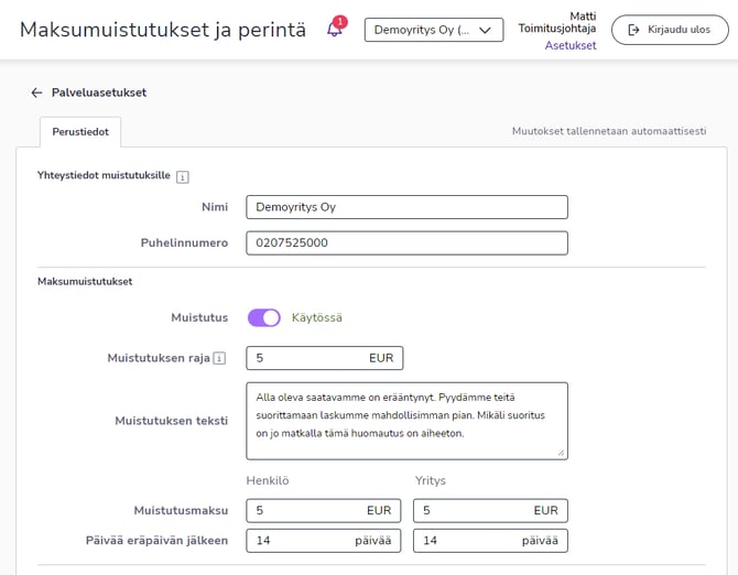FI Asetukset Maksumuistutukset ja perintä
