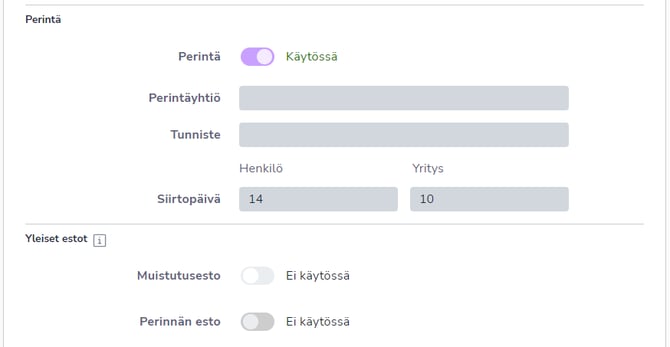 FI Asetukset Maksumuistutukset ja perintä_Perintä ja Yleiset estot