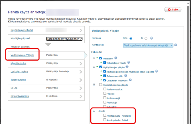 FI Asetukset - Verkkopalvelu ylläpito - Arkistolataus