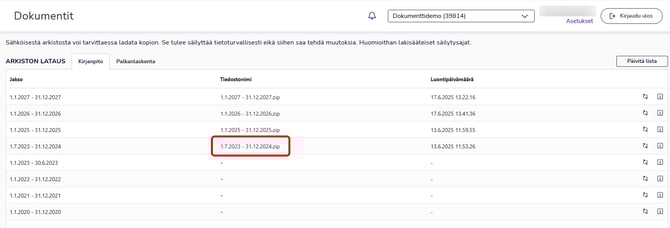 FI Dokumentit - Arkistolataus - Lataa aiemmin luotu aineisto