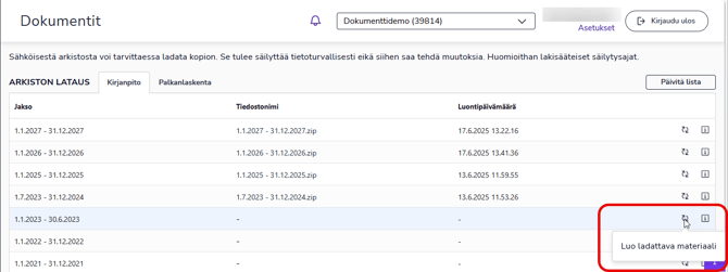 FI Dokumentit - Arkistolataus - Luo ladattava aineisto