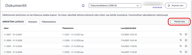 FI Dokumentit - Arkistolataus - Päivitä lista