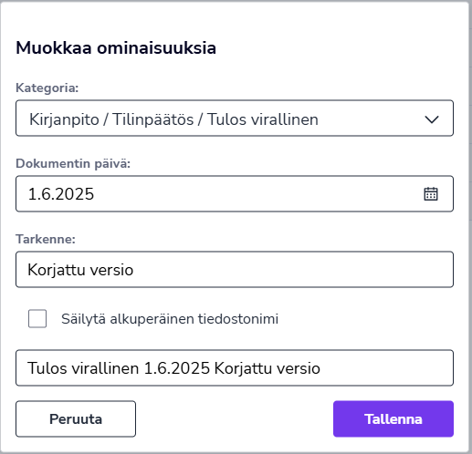 FI Dokumentit - Tuo arkistoon - Muokkaa ominaisuuksia dialogi