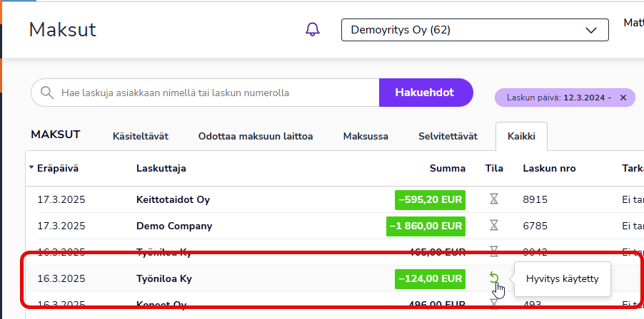 FI Maksut - Hyvityslasku - Hyvitys käytetty 120325