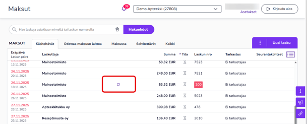FI Maksut - Käsiteltävä lasku - Kommentti laskurivillä