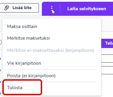 FI Maksut - Kolmen pisteen valikko - Tulosta