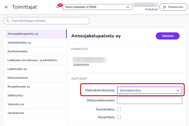 FI Maksut - Toimittajat - Oletuskierrätyslista