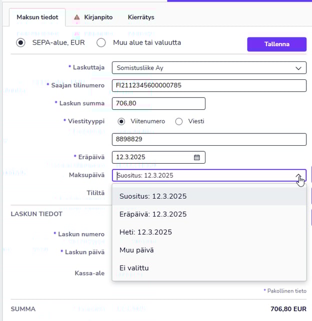 FI Maksut - Uusi lasku - Maksun tiedot - Maksupäivä