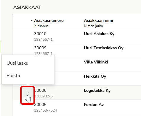 FI Myyntilaskutus - Asiakkaat - Kolmen pisteen valikko rivillä