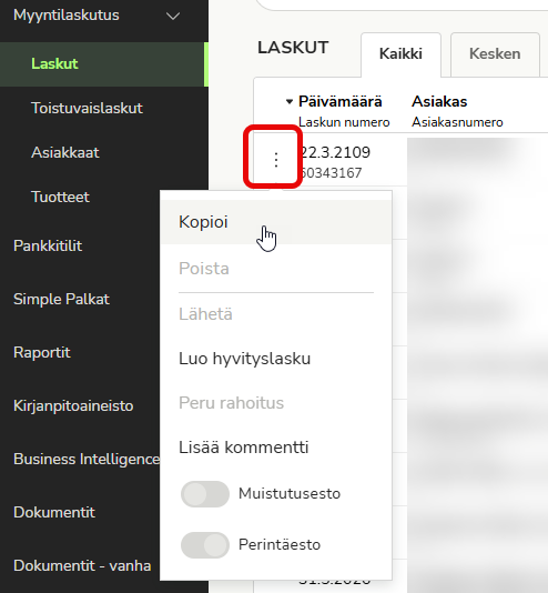 FI Myyntilaskutus - Laskut - Kopioi lasku kolmen pisteen valikko