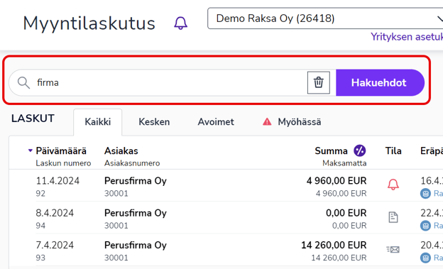 FI Myyntilaskutus - Laskut - Pikahaku 170424