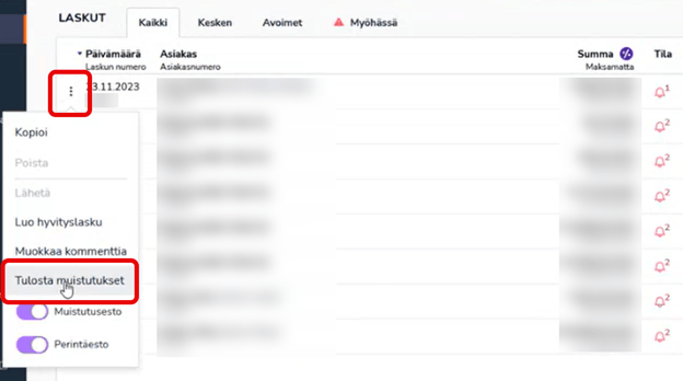 FI Myyntilaskutus - Laskut - Tulosta muistutukset 170624