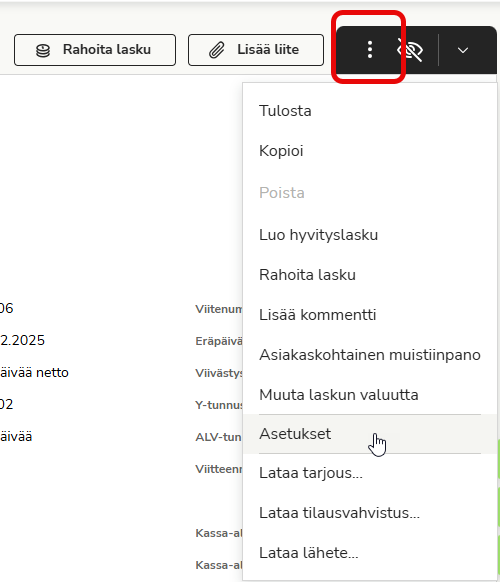 FI Myyntilaskutus - Laskut - Valikko - Asetukset