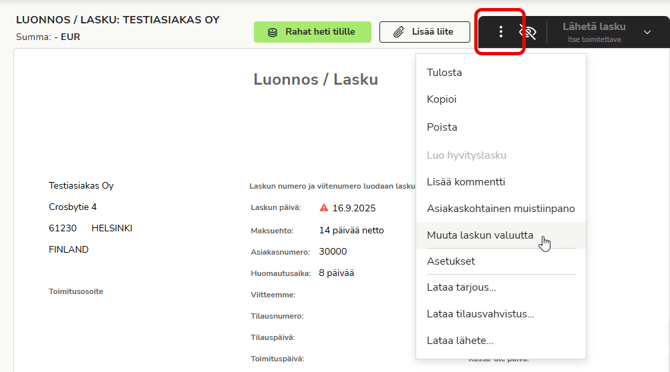 FI Myyntilaskutus - Laskut - Valikko - Muuta laskun valuutta
