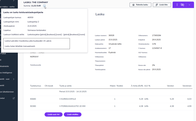 FI Myyntilaskutus - Toistuvaislaskut - Luotu lasku - Info