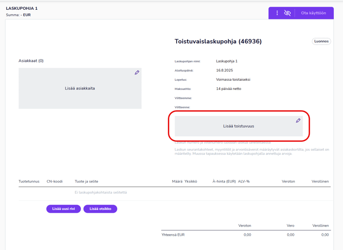 FI Myyntilaskutus - Toistuvaislaskut - Toistuvaislaskupohja - Lisää toistuvuus