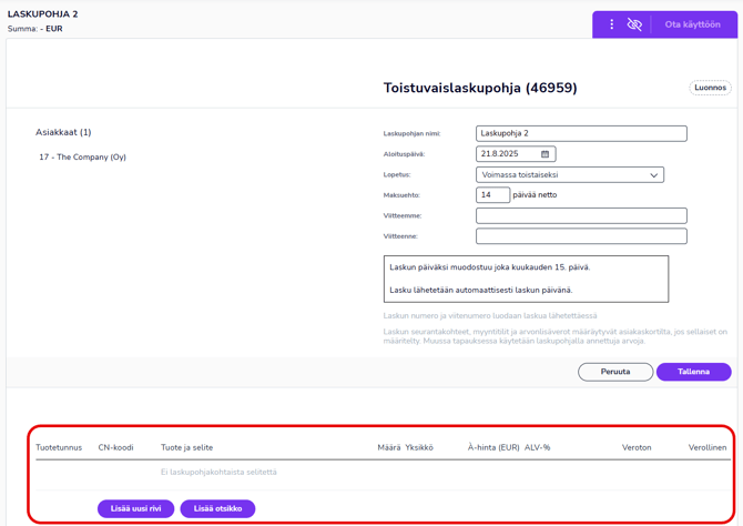 FI Myyntilaskutus - Toistuvaislaskut - Toistuvaislaskupohja - Lisää tuoterivi
