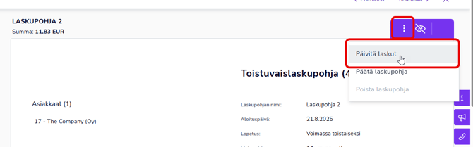 FI Myyntilaskutus - Toistuvaislaskut - Toistuvaislaskupohja - Päivitä laskut