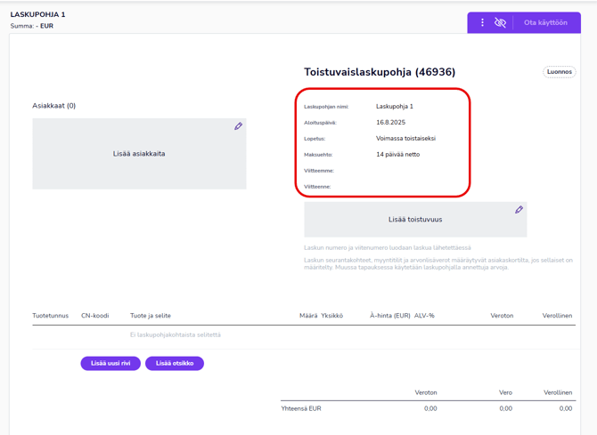 FI Myyntilaskutus - Toistuvaislaskut - Toistuvaislaskupohja - Perustiedot