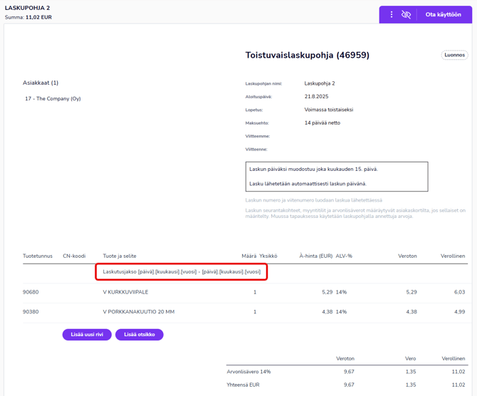 FI Myyntilaskutus - Toistuvaislaskut - Toistuvaislaskupohja - Selite