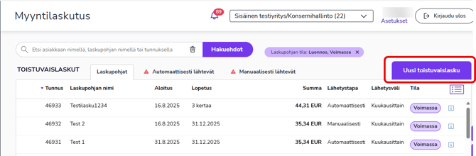 FI Myyntilaskutus - Toistuvaislaskut - Uusi toistuvaislasku nappi