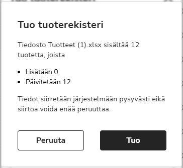 FI Myyntilaskutus - Tuotteet - Tuo tuoterekisteri - Yhteenveto