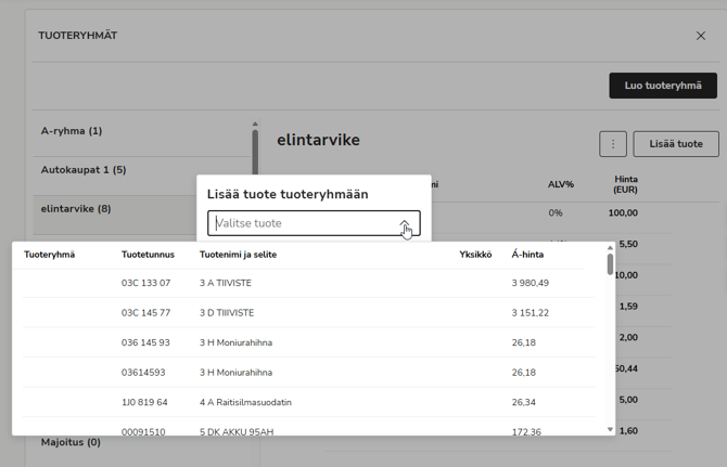 FI Myyntilaskutus - Tuotteet - Tuoteryhmät - Lisää tuote tuoteryhmään valikko auki