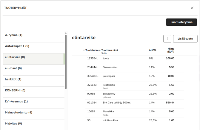 FI Myyntilaskutus - Tuotteet - Tuoteryhmät