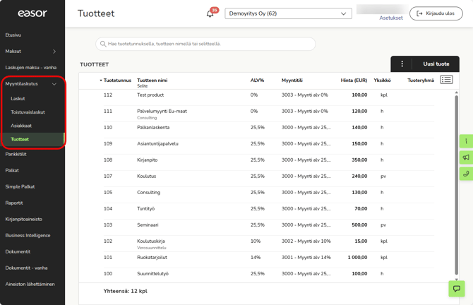 FI Myyntilaskutus - Tuotteet valikko