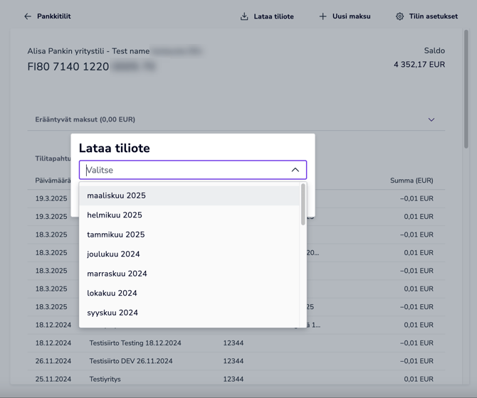 FI Pankkitilit - Tilitapahtumat - Lataa tiliote