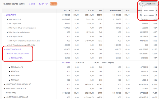 FI Raportit - Tuloslaskelma - Drilldown - Avaa kaikki 200524