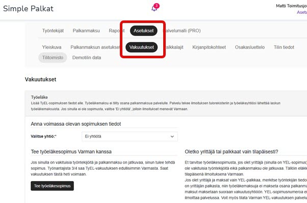 FI Simple Palkat - Asetukset - Vakuutukset