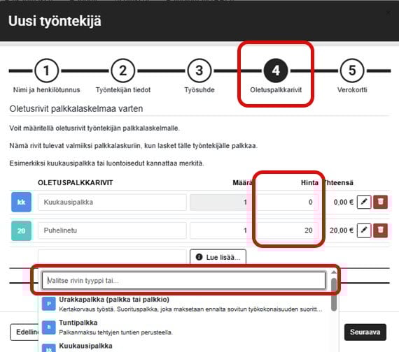 FI Simple Palkat - Uusi työntekijä - Oletuspalkkarivit