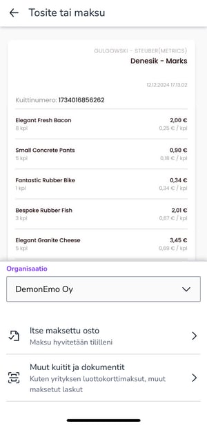 Easor App mobiili - Aineisto - Korttitapahtumat - Tosite tai maksu