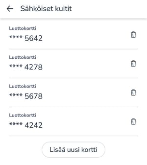 Easor App mobiili - Asetukset - Sähköiset kuitit - Kortit