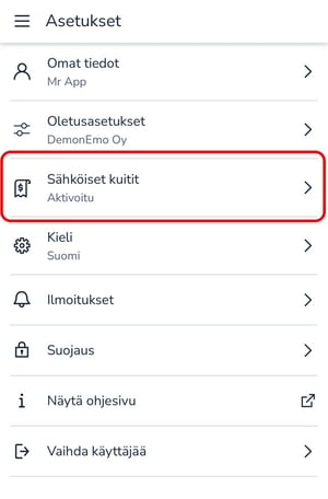 Easor App mobiili - Asetukset - Sähköiset kuitit