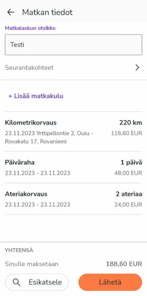 FI Easor App mobiili - Lähetä matkalasku